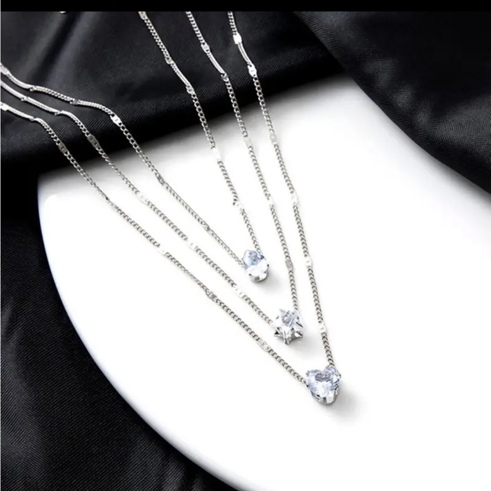 Silver Multilayered Heart Star Drop CZ Necklace